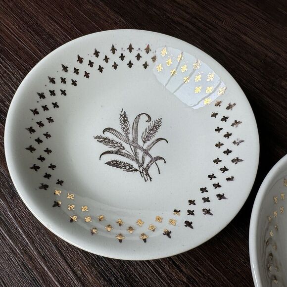 Vintage HOMER LAUGHLIN FLEUR DE LIS GOLDEN WHEAT 5 Bowls Set 5 1/2” + Sugar Dish - Picture 3 of 13